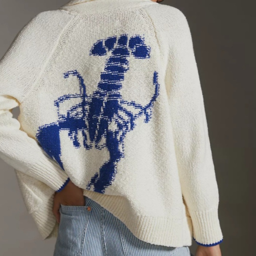 NWOT Maeve Anthropologie Blue/Ivory Lobster Small (Oversized) Cardigan 🦞 - Picture 2 of 7